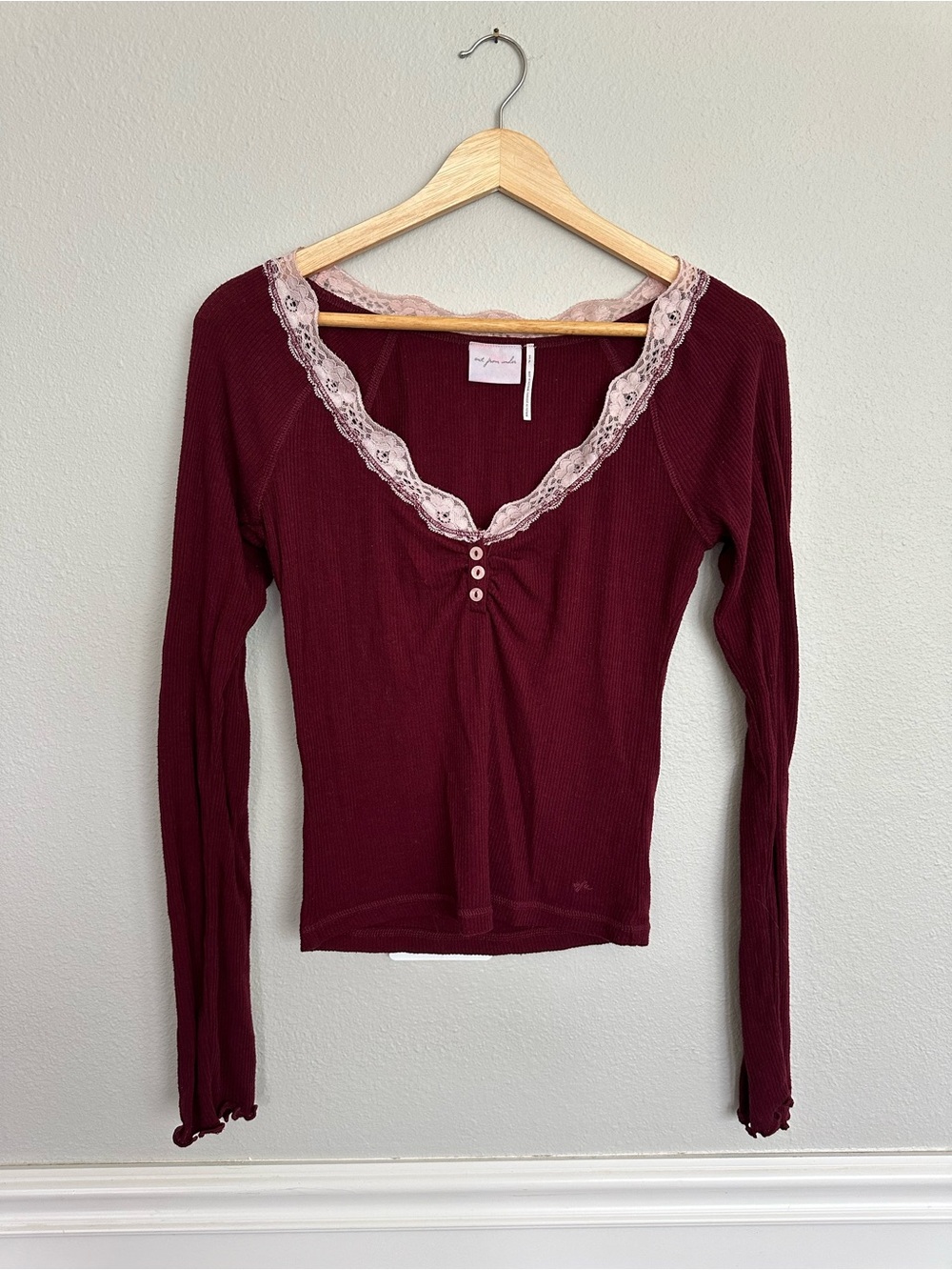 Urban Outfitters Burgundy Long Sleeve Lace-Trim Ribbed Tee
